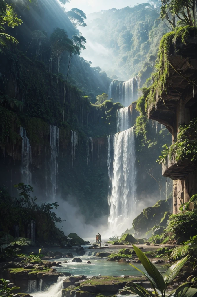 a legendary falls of rao rose in the amazon, lush tropical rainforest, beautiful waterfall, crystal clear water, mist and fog, ancient ruins, ancient architecture, overgrown vegetation, sunbeams, dramatic lighting, muted color palette, realistic, photorealistic, 8k, ultra-detailed, highly detailed, masterpiece, award-winning art