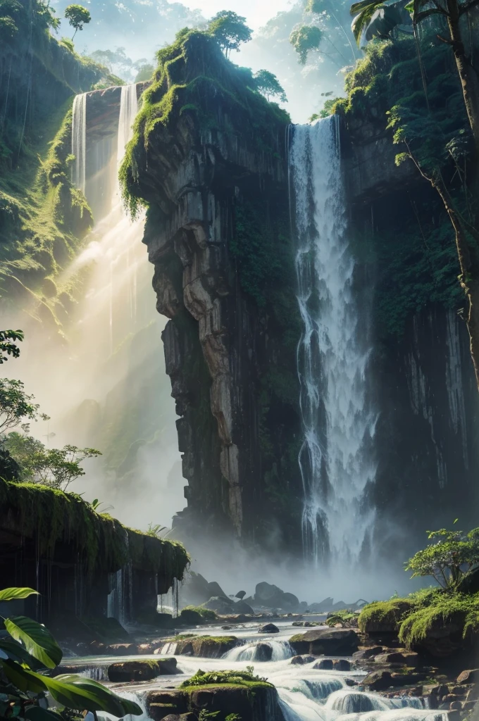 a legendary falls of rao rose in the amazon, lush tropical rainforest, beautiful waterfall, crystal clear water, mist and fog, ancient ruins, ancient architecture, overgrown vegetation, sunbeams, dramatic lighting, muted color palette, realistic, photorealistic, 8k, ultra-detailed, highly detailed, masterpiece, award-winning art