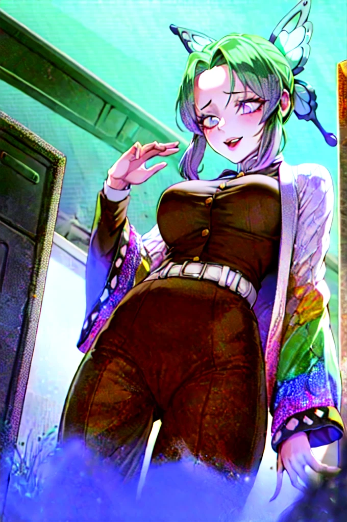 Best Quality, Very detailed, ultra detailed, 1 white skinned girl, big , thick and curvy body, Long green dreadlocks, yellow eyes, rabbit ears, black lip gloss, good, black crop top, black shorts, Long socks, bedroom, showing your butt to the public (big butt), close up