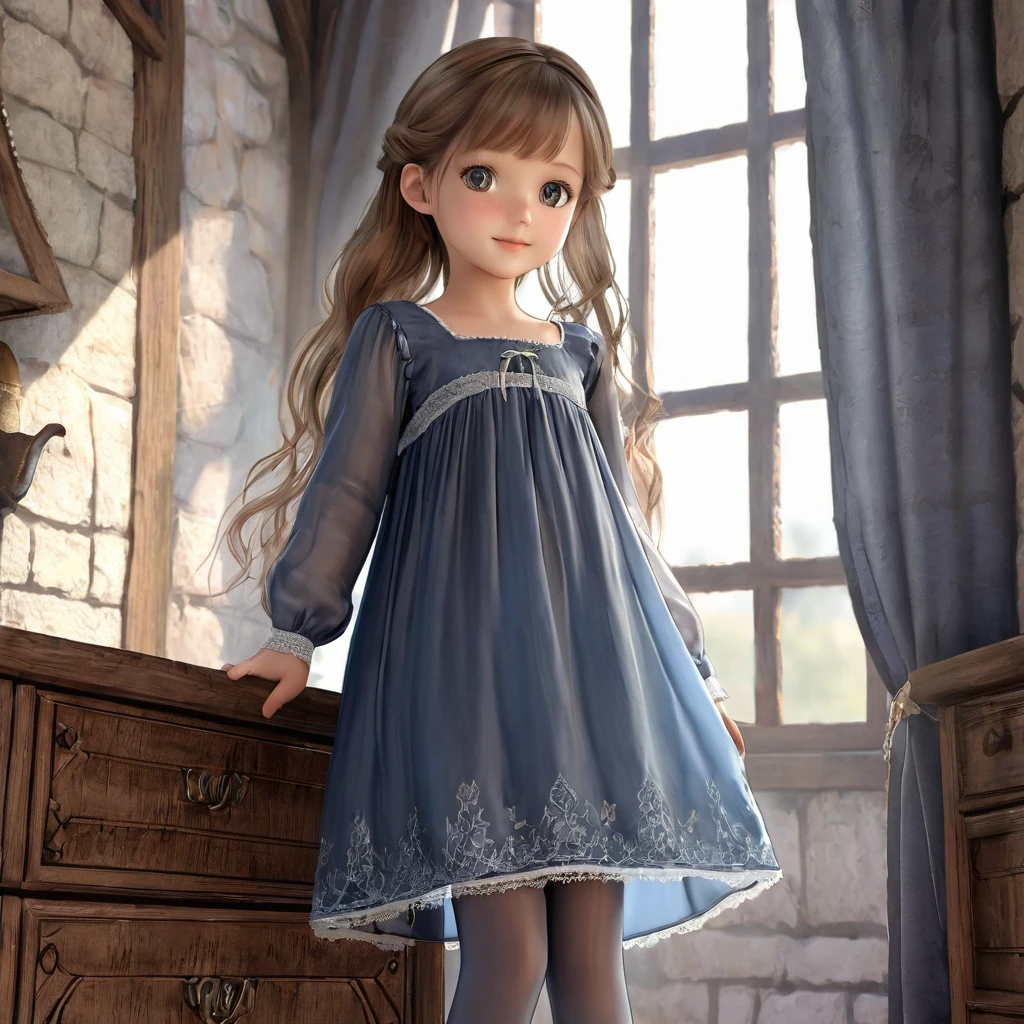 6 year old girl underwear, Realistic panties made of patterned cotton fabric, Medieval One Piece Long Dress, Fabric Realism, Low Angle, You can see the drawer, Pull up the hem of your dress with your hands, Strong winds, Translucent slip, Translucent slip, tights、Peeking from below, Highest quality, Crotch close-up,