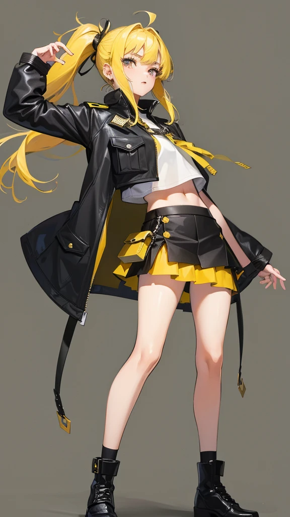 Girl in mini skirt, yellow hair full length twin ponytail, with clothes similar to military but not military but simple clothes.