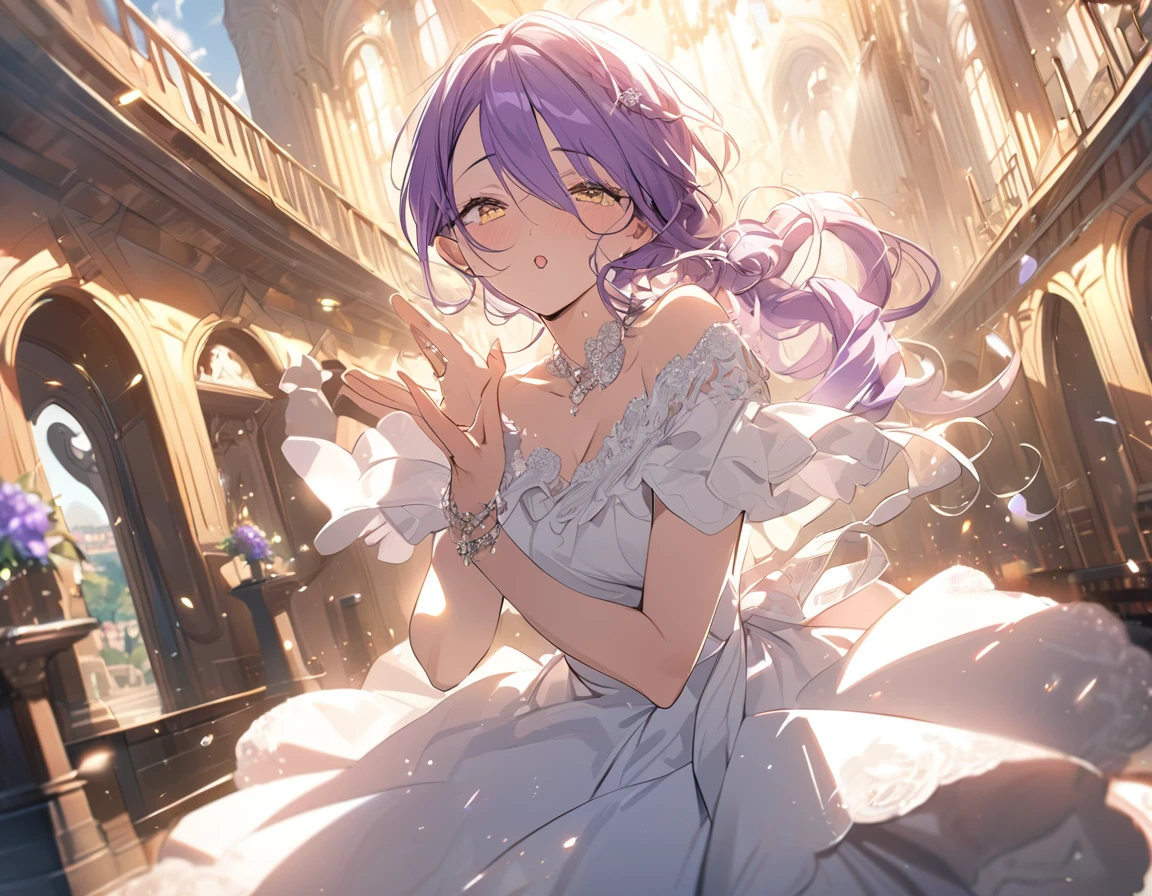 super high resolution, ultra-detailed face, detailed eyes, anime key visual, Depth of field hdr 8k 4k wallpaper cinematic angle, cinematic lighting, masterpiece, best quality, ultra detailed, many light emitting particles, break, 1 beautiful 25 old lady, (golden eyes:1.3), (braid ponytail, messy hair:1.3), purple hair, pale skin, (slanted eyes:1.3), ,(dynamic pose:1.3), bold pose, adventurous pose, throw kiss, blow kiss, wedding ring, break, honeymoon, europe, famous place, overseas travel, beautiful background, golden eyes, purple hair