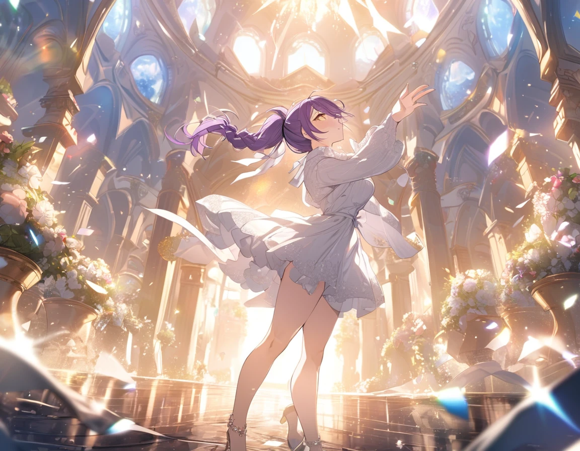 super high resolution, ultra-detailed face, detailed eyes, anime key visual, Depth of field hdr 8k 4k wallpaper cinematic angle, cinematic lighting, masterpiece, best quality, ultra detailed, many light emitting particles, break, 1 beautiful 25 old lady, (golden eyes:1.3), (braid ponytail, messy hair:1.3), purple hair, pale skin, (slanted eyes:1.3), ,(dynamic pose:1.3), bold pose, adventurous pose, throw kiss, blow kiss, wedding ring, break, honeymoon, europe, famous place, overseas travel, beautiful background, golden eyes, purple hair