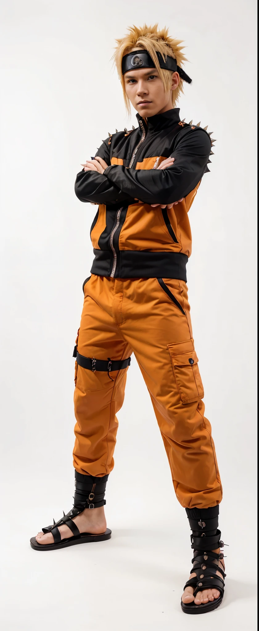 Create a realistic live-action image of Naruto Uzumaki. Naruto is a young ninja around , with spiky blond hair. He wears a black headband with a metal plate that has a leaf symbol. His face has whisker-like marks. Naruto is dressed in an orange jacket with black details and a central zipper, orange pants, and black ninja sandals that expose his toes. He is standing with his arms crossed, in a confident and determined pose.
