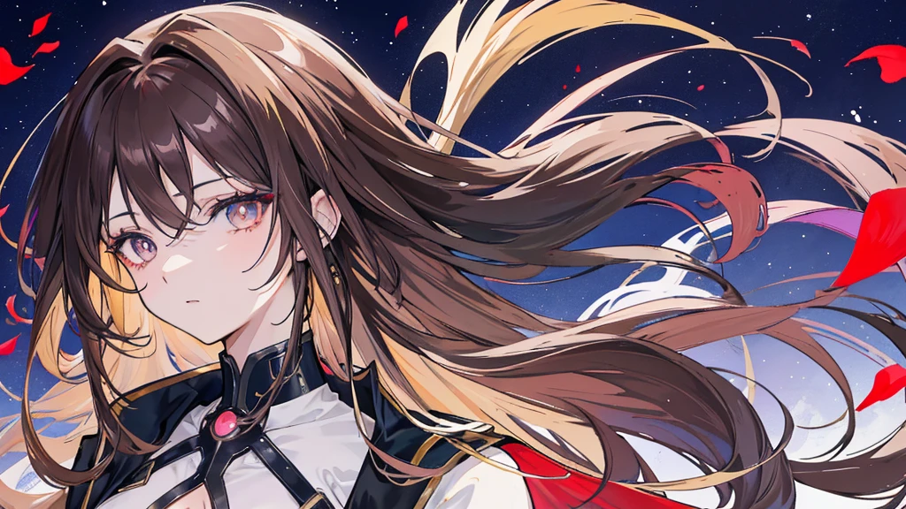 （（Anime Woman）），（（Dark atmosphere））, （（dark colored scheme and vibe））,（gold and purple clothing），( ( golden colored in the right eye) ) ( (dark gray eye in the left eye) ) ( ( star-shaped pupil in the left eye) ), ( ( dark brown hair in the half right side of hair) ), ( (light brown hair in the half left side of hair ) ), ( (split dyed hair ) ) , style of anime4 K, detailed image of an anime woman, a beautiful anime image, Stunning anime half body image, image anime woman,, 4K anime wallpaper, Anime art wallpaper 8 K, Portrait of an anime woman, star shaped eye pupil, white colored eye pupil——Anime woman half body, standing anime woman image, cyberpunk, futuristic, dark futuristic vibe, rose petals, wilted roses
