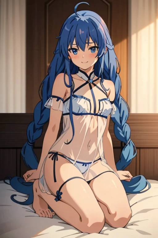 (masterpiece, best quality), music, 1 girl, solitary, Smile, blush, Double braid, long hair, Blue Hair, garlic,  blue eyes, indoors, Kneeling on the bed, Floral underwear, see through silhouette，Small Breasts,  Everlasting,  looking at the audience, 