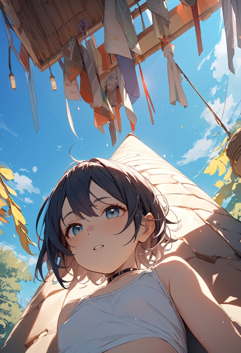 highest quality, masterpiece, Wallpapers by Unity 8k, (One Girl) , 、1girl,、Flat Chest、Short T-shirt、under boob、from below, blue sky、Outdoor、Upper Body