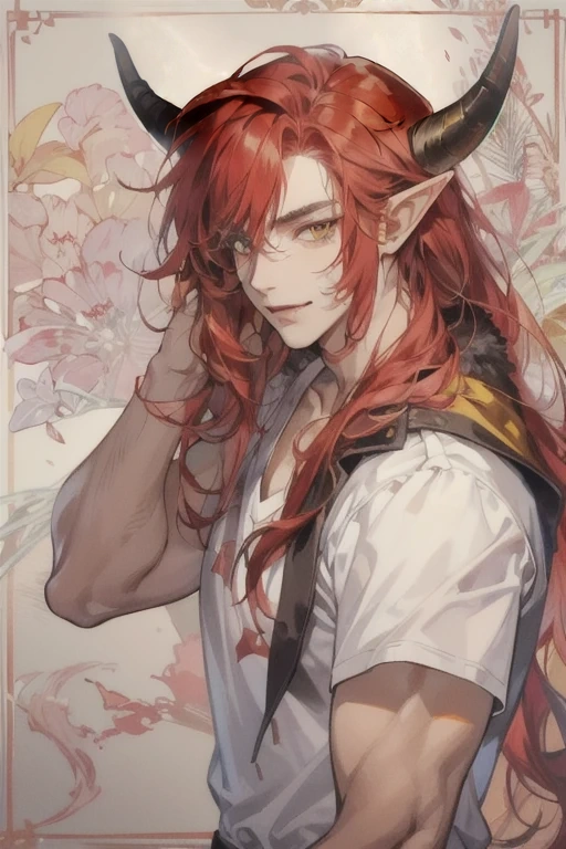 anime - style image of a woman with horns and a white shirt, handsome guy in demon slayer art, handsome japanese demon boy, delicate androgynous prince, beautiful androgynous prince, keqing from genshin impact, detailed anime character art, a portrait of a male elf, with horns, zhongli from genshin impact, orange - haired anime boy