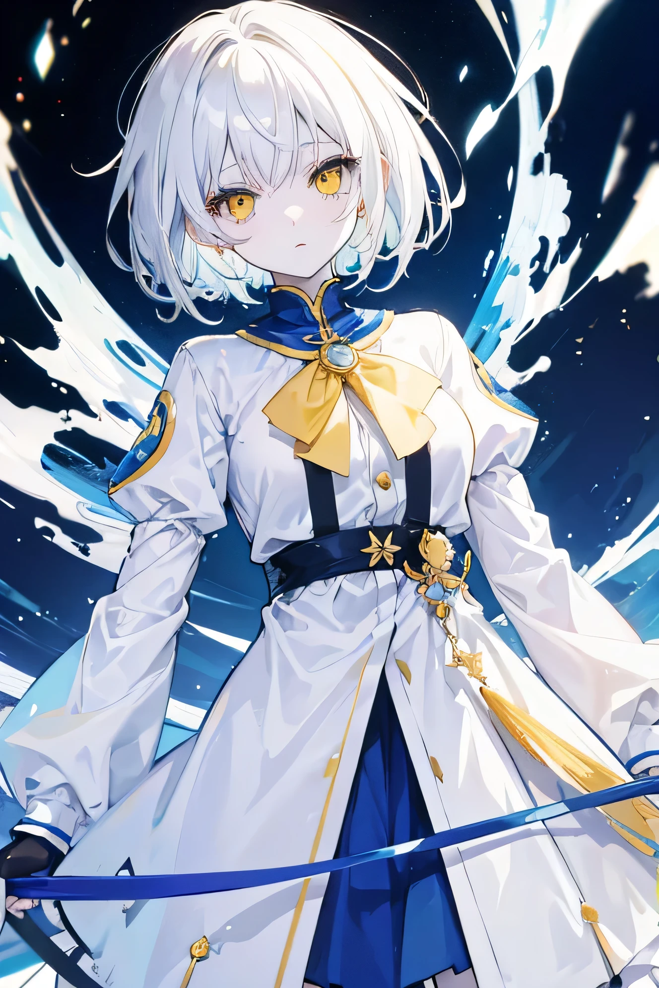 2D high quality, Anime girl with short messy hair (white), yellow eyes, blue makeup,  pale skin and white clothes.