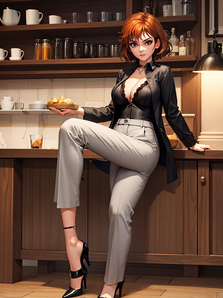 merula, full body, thighs, high heels, solo girl, medium tits, light grey bell pants