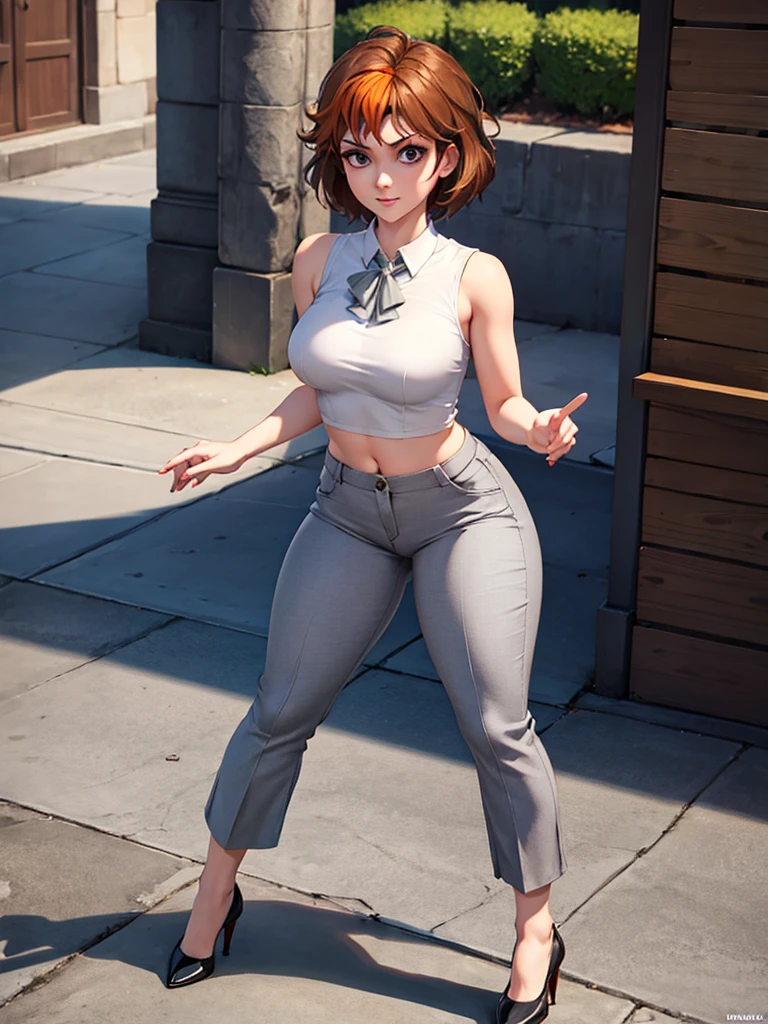 merula, full body, thighs, high heels, solo girl, medium tits, light grey bell pants