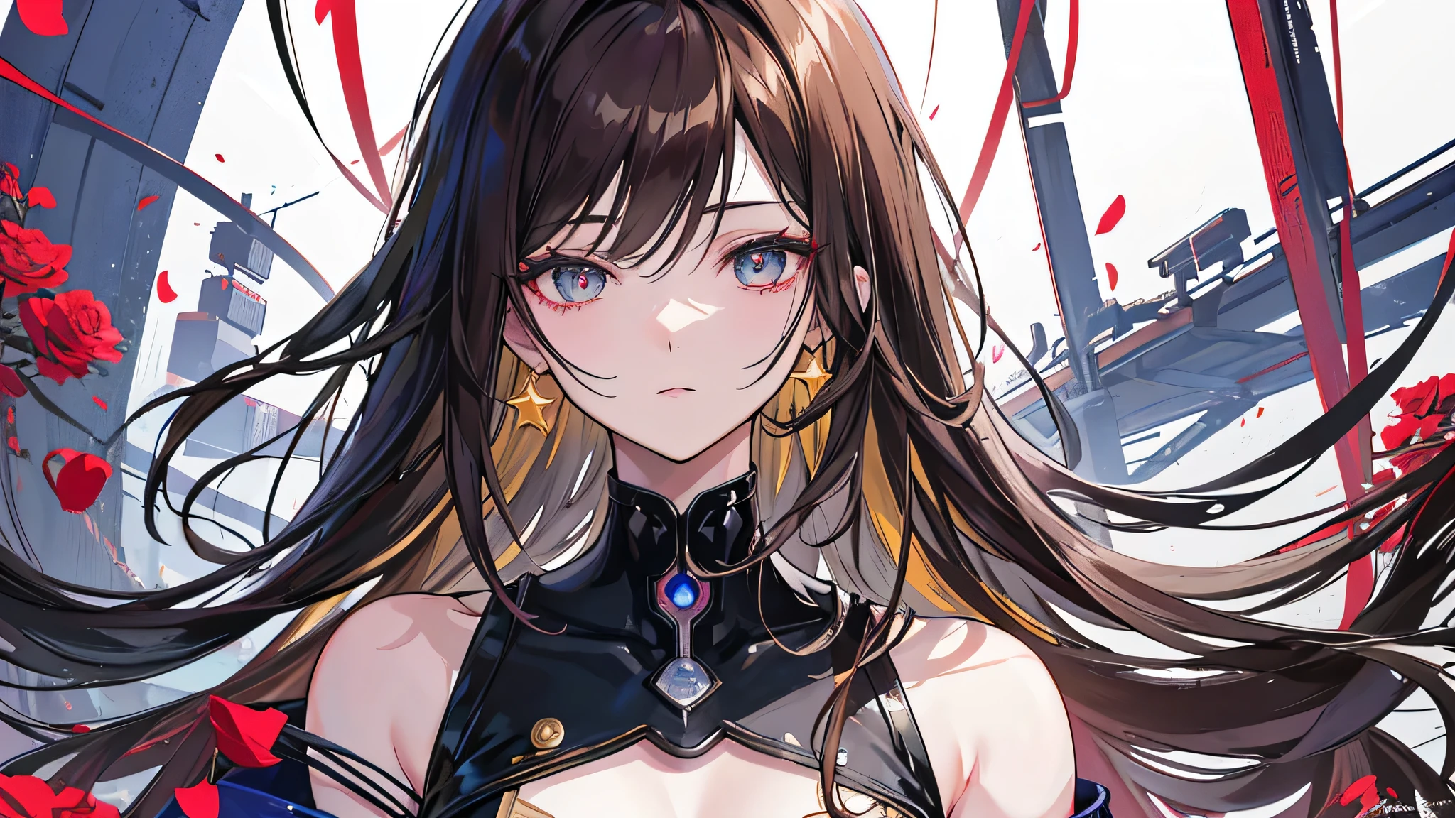 ((Anime Woman)),((Dark atmosphere)), ((dark colored scheme and vibe)),(gold and purple clothing),( ( golden colored in the right eye) ) ( (dark gray eye in the left eye) ) ( ( star-shaped pupil in the left eye) ), ( ( dark brown hair in the half right side of hair) ), ( (light brown hair in the half left side of hair ) ), ( (split dyed hair ) ) , style of anime4 K, detailed image of an anime woman, a beautiful anime image, Stunning anime half body image, image anime woman,, 4K anime wallpaper, Anime art wallpaper 8 K, Portrait of an anime woman, star shaped eye pupil, white colored eye pupil——Anime woman half body, standing anime woman image, cyberpunk, futuristic, dark futuristic vibe, rose petals, wilted roses