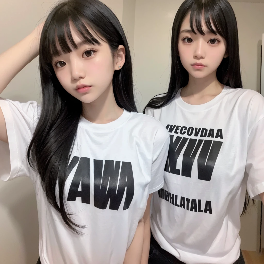 A girl, white skin, black hair and straight without bangs, wearing a black t-shirt that says Nevada.