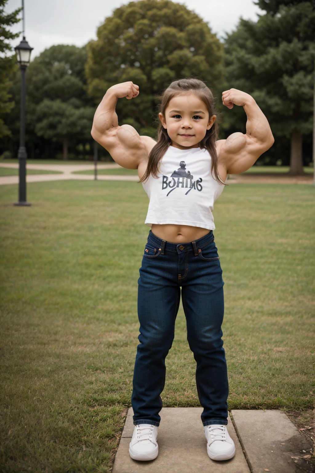 extreme muscular 4 year old toddler bodybuilder girl, long hair, in a park, jeans pants, cotton tshirt
