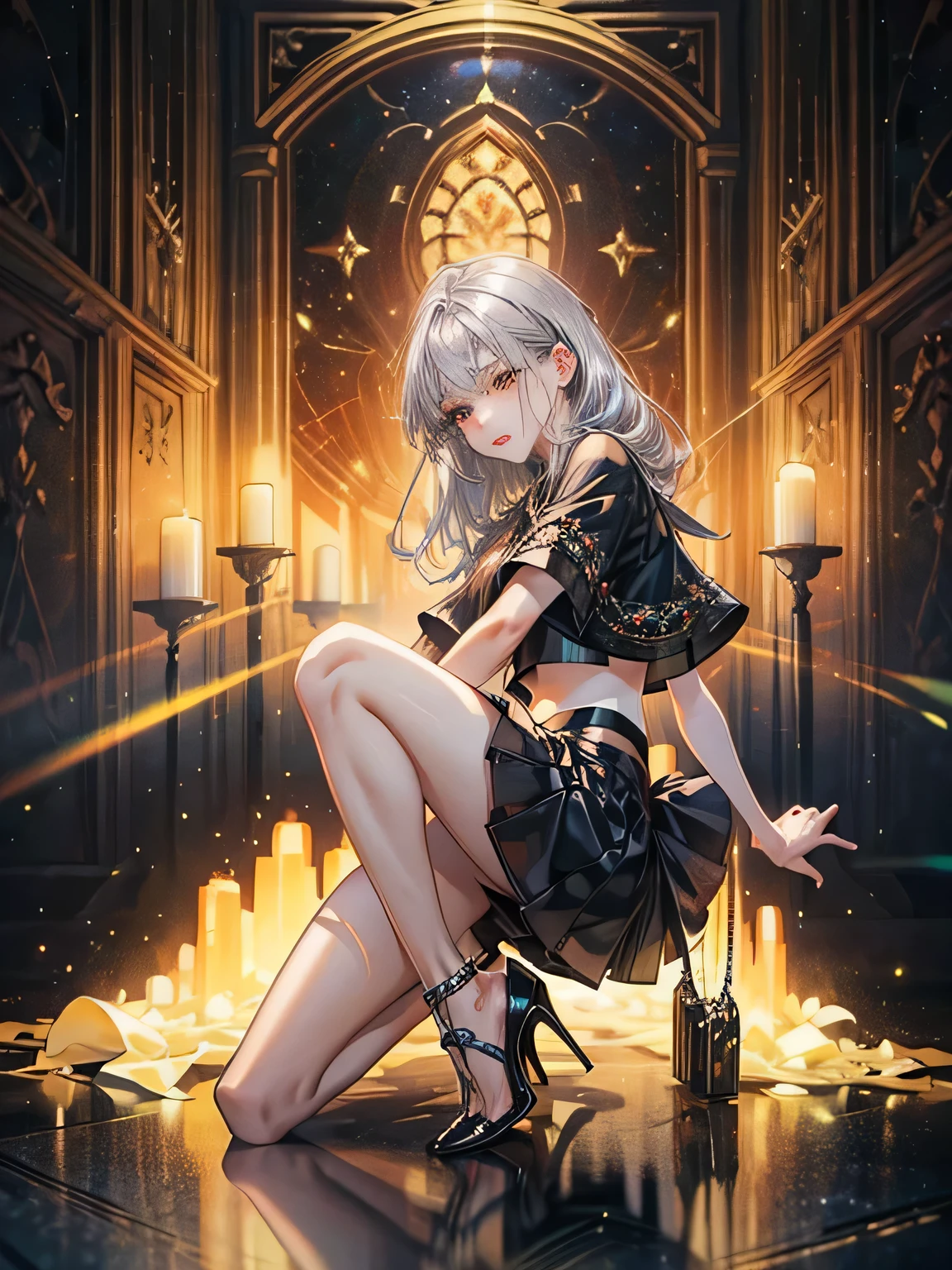 (dark brown eyes:1.2),1 girl、long legs,Silver Hair、Dark brown eyes、Shining Eyes、Crop top、mini skirt、Parted lips、1woman wearing trendy clothes, in an abstract oil painting style, fashion show, The painting is ultra-high detailed and has a resolution of 8k, showcasing the best quality and craftsmanship,with a touch of fog, creating a mysterious atmosphere , luminous design, vivit colours,spring lights,Artistic,azure, red, (Bare legs:1.1), (black high heels), black short skirt