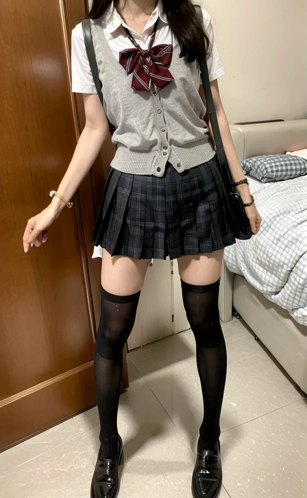 (raw photo,realistic, ),1girl,solo,skirt,white shirt,school bag,shoes,bracelet,jewelry,looking at viewer,narrow shoulder width,flat chest,pleated skirt,photorealistic,black,brown cardigan,bowtie,small black leather shoes,(long legs:1.2),slim legs,(zettai ryouiki:1.3),thighhighs,sat on a throne,Tahiti,looking to the side,full body,