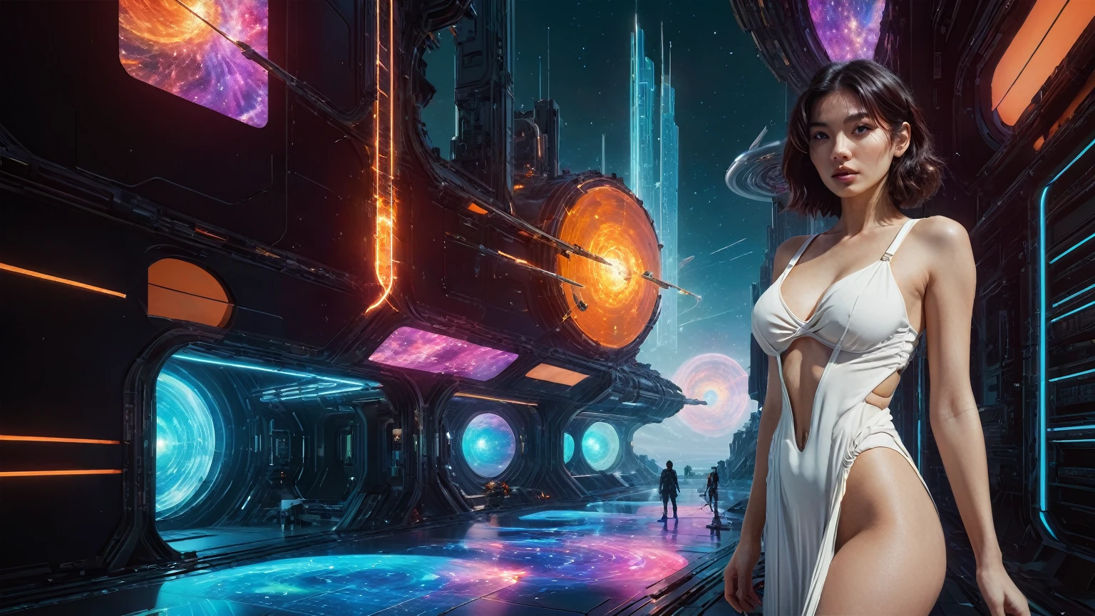 brightly colored abstract image of a space station with a spiral, epic beautiful space scifi, chaotic cinematic space rift, greg beeple, planets colliding, beeple and tim hildebrandt, beeple and jean giraud, end of the universe, galaxy space sci-fi, ringworld, by Mike "Beeple" Winkelmann. Matrix style, (((((Matrix cascading code))))), (((((a futuristic twin tower skyscraper with a unique twisted design))))), (((((OLED GUI interfaces in the building))))), at night, (((((1girl, solo))))), photo realistic, (((large-breast:1.2 slim body, cleavage))), (((off broken mini sling-shirt and black sling bra, extreamly short pleated miniskirt exposing panty))), (((((running pose))))), (((((matrix style black sunglasses))))), ((((((((((aiming with a short gun)))))))))), (((((looking at camera))))), (((very low view))), (((((half-body thigh level medium shot))))), (((cinematic lighting))).