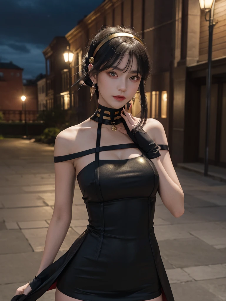 masterpiece, best quality, highres, aayorf, sidelocks, gold hairband, hair ornament, red eyes, gold earring, large breasts, choker, bare shoulders, black dress, two-sided dress, fingerless gloves, thigh boots, cowboy shot, standing, looking at viewer, outdoors, night, hand down, idle