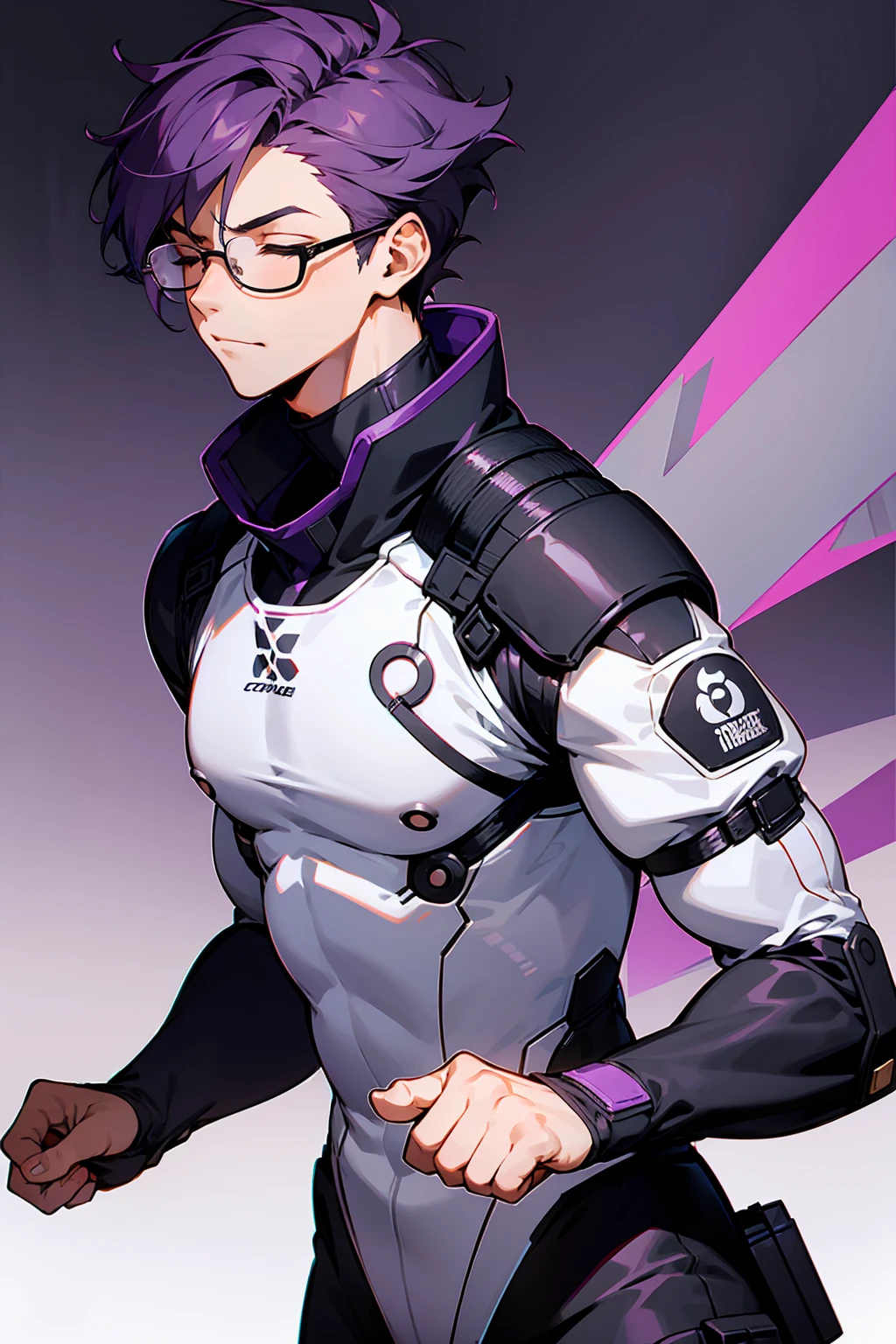 1male, Young Adult, Dark Purple Hair, Eyes Closed, Short Hair, Dojo Background, Slight Smile, Glasses, Standing In City, Detailed background, Black and White Combat Suit