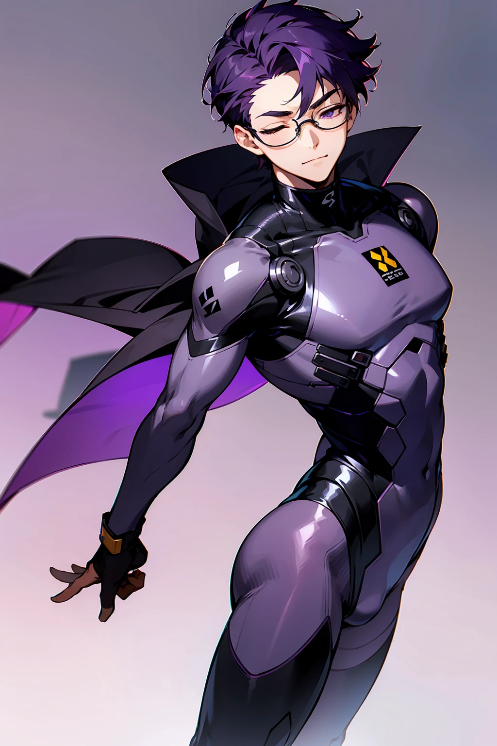 1male, Young Adult, Dark Purple Hair, Eyes Closed, Short Hair, Dojo Background, Slight Smile, Glasses, Standing In City, Detailed background, Black and White Combat Suit