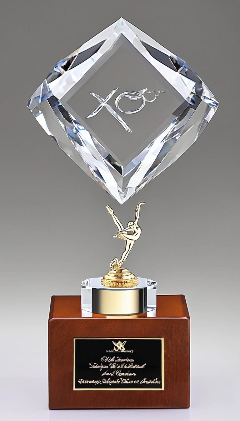 A crystal dance trophy made from a pair of ballet shoes(All crystal materials),Simple wooden square base,There is a metal nameplate on the base;White background,Front view。