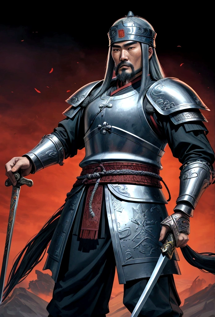 Araped image of a man in armor holding a sword, chinese Warrior, chinese Three Kingdomss, from Three Kingdomss, picture of an adult male Warrior, Zhaoyun, Genghis Khan, powerful Warrior, Mongol, historical hero, Three Kingdoms, legendary Warrior, Three Kingdomss, Guan Yu, photo of Genghis Khan, Warrior