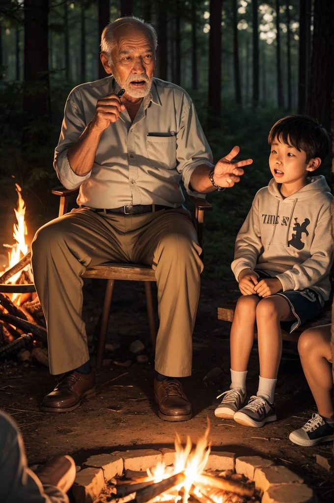 Old man telling story at campfire