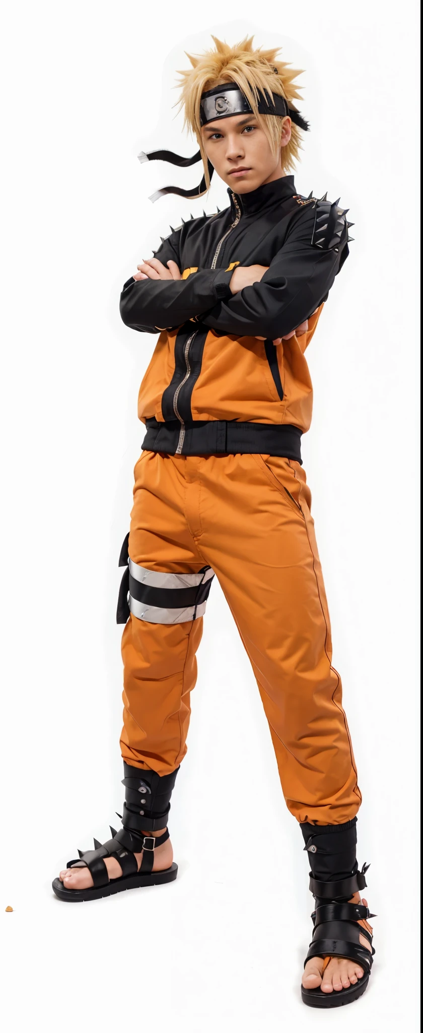 Create a realistic live-action image of Naruto Uzumaki. Naruto is a young ninja around , with spiky blond hair. He wears a black headband with a metal plate that has a leaf symbol. His face has whisker-like marks. Naruto is dressed in an orange jacket with black details and a central zipper, orange pants, and black ninja sandals that expose his toes. He is standing with his arms crossed, in a confident and determined pose.