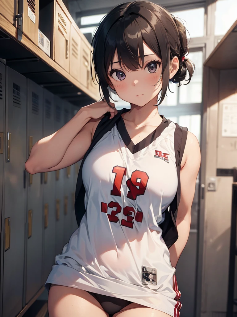 Masterpiece, 8k quality, hyper detailed, one girl, (short hair tied up), light hair, small breast, thick thighs, (basketball jersey), locker room, (seductive look