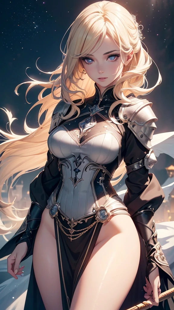 A mature woman between 30-40 years old, anime style witch wearing a witch suit combined with knight armor, flying on a broom designed like a unicorn and colored white, with blonde curvy hair, a small ghost flying beside her as a sidekick, (best quality,4k,8k,highres,masterpiece:1.2),ultra-detailed,(realistic,photorealistic,photo-realistic:1.37),beautiful detailed eyes,beautiful detailed lips,extremely detailed eyes and face,long eyelashes,fantasy,intricate details,magical,glowing magical energy,dramatic lighting,vibrant colors,ethereal