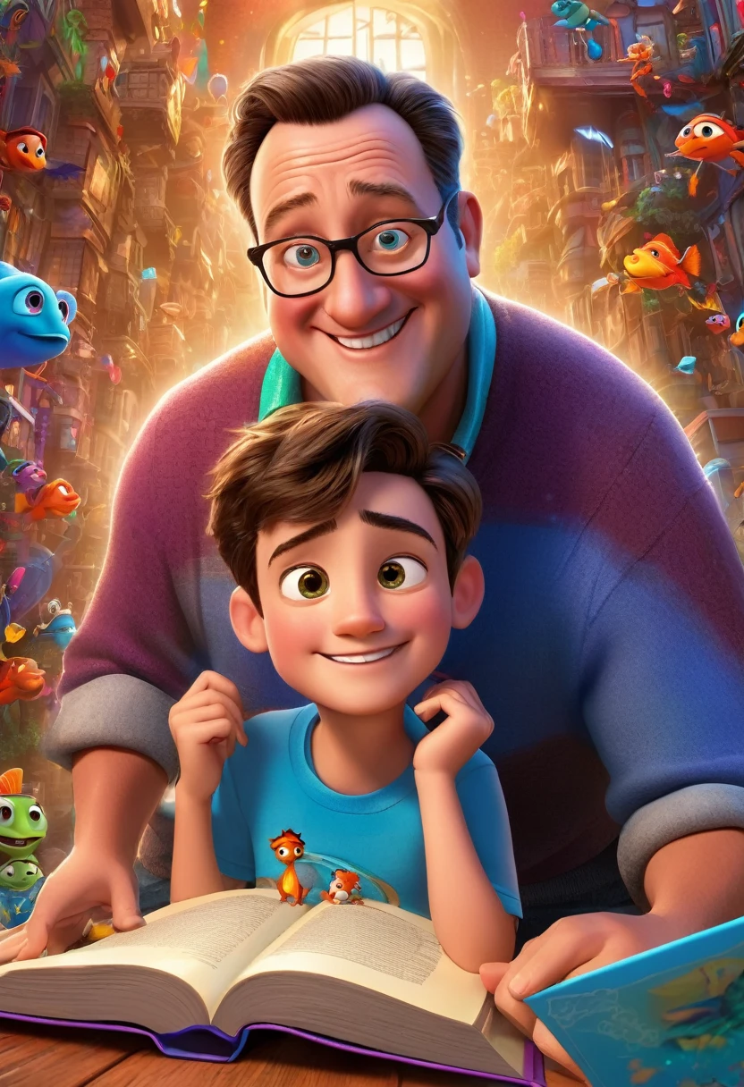 (bright and vibrant colors), (highres), (realistic:1.37), Disney Pixar Movie poster, (art by Kevin James), skinny, no muscle, (55 years old man and his son),father and son, (beautiful detailed eyes:1.1), (beautiful detailed lips:1.1), smiling with a warm expression, (charming appearance:1.1), (professional lighting), (ultra-fine rendering), upper body shot, (expressive facial features:1.1), reading a book to the son, (reading intently:1.1), surrounded by magical elements representing different Pixar movies, (dynamic composition), (whimsical details), (playful characters), vibrant background, filled with color and joy, (3D render), (fantastical art style), (nostalgic aesthetic), (attention to detail:1.1).
