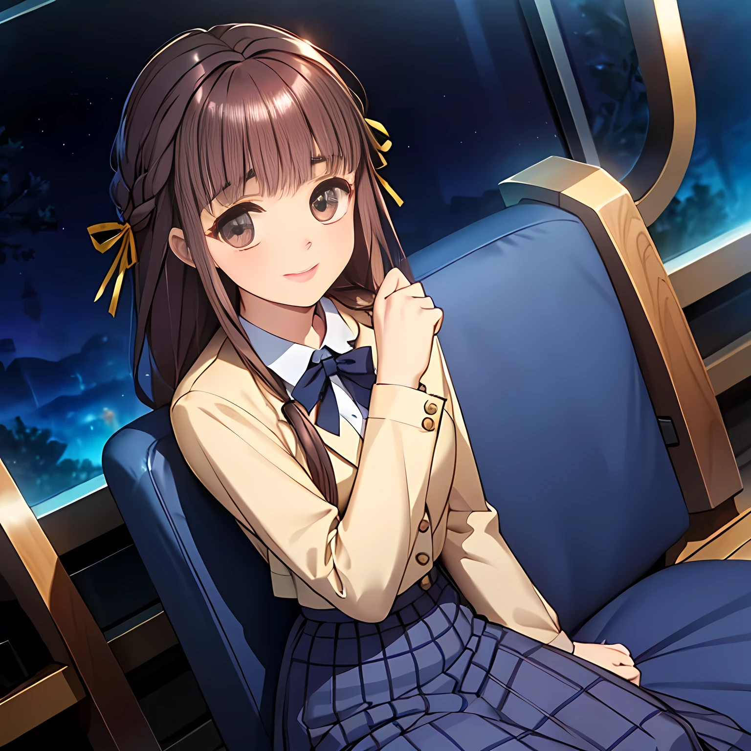 (highest quality, masterpiece:1.2), highest quality, High resolution, 1080p, 8K, Height: 158cm, ((High-definition game CG)), ((Like a beautiful girl dreaming of a game heroine、A very intelligent, very noble, pretty and neat beautiful girl is sitting、Turning to the side and showing the most adorable smile)), He tries to hide his shocked mouth with his hands., A face that everyone loves, Glossy lips, Even bangs, ((Very beautiful brown eyes)), The very large red shiny wide ribbon bowtie is very cute., ((Black Hair)), ((long twin braids)), (((A long, neat, dark navy blue checked pleated skirt))), (((Dark blue winter long sleeve blazer))), How to wear a neat uniform, Extremely lustrous, shiny game heroine lips, Mouth open, Ribbon in hair, Tight waist, slender, The ribbon is big and very pretty., Beautiful hair like a hair model, The background is a pitch black space, Long skirt