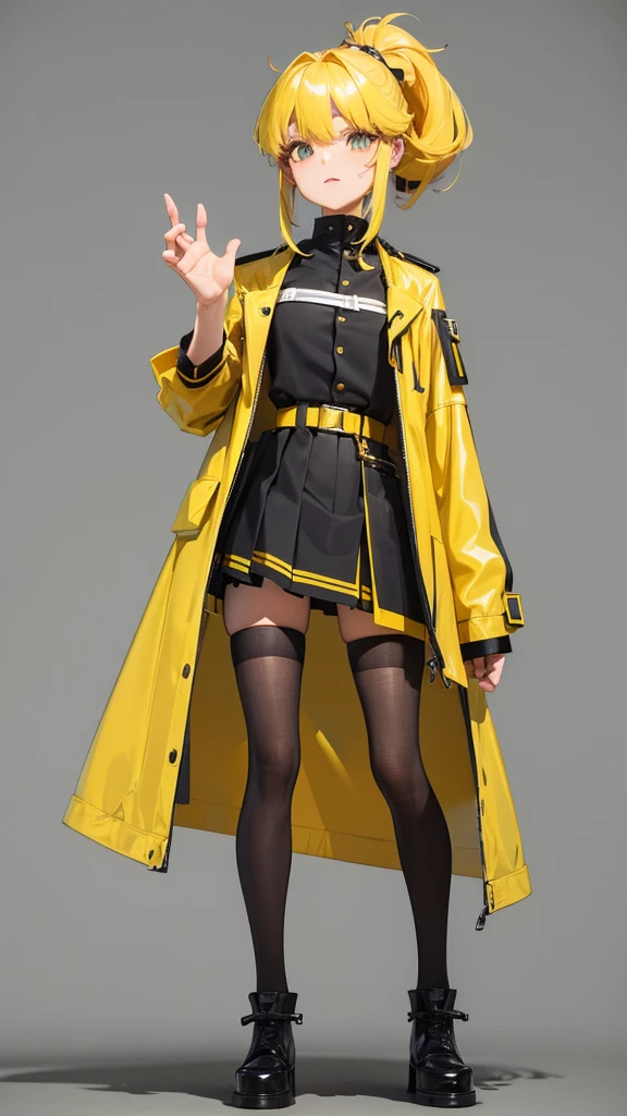 girl in a mini fluffy skirt, yellow hair full length twin ponytail, with clothes similar to military but not military but simple clothes. 3D wallpaper