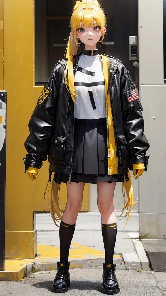 girl in a mini fluffy skirt, yellow hair full length twin ponytail, with clothes similar to military but not military but simple clothes. 3D wallpaper