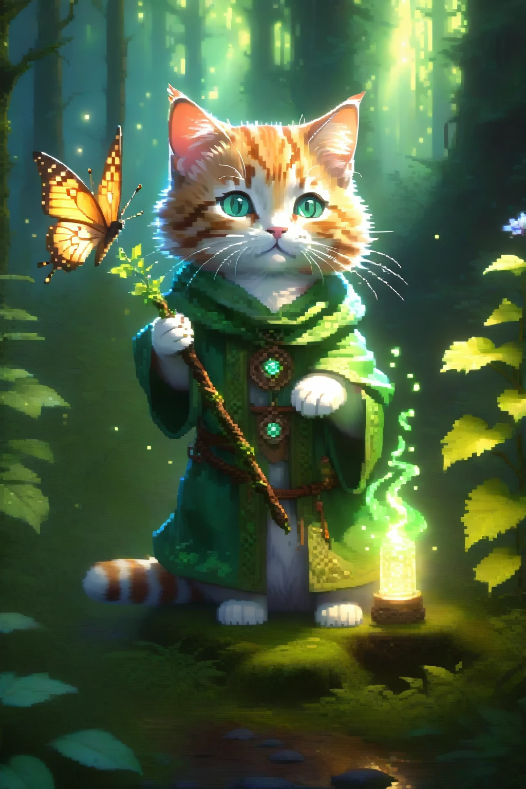 kitten,
fantasy worlds,
eloder cat mage wearing robes,Druid,
holding an vines staff,arms up,
green eyes,
Magic Circle,
flower,butterfly,
fluffy tail,
detailed surroundings,
Luminous Magic Array,
(hyper-detailed,high quality visuals,dim Lighting,ultra-realistic,sharply focused,octane render,8k UHD,masterpiece,high quality),
beautiful detailed glow,((clouds)),forest,sunlight,