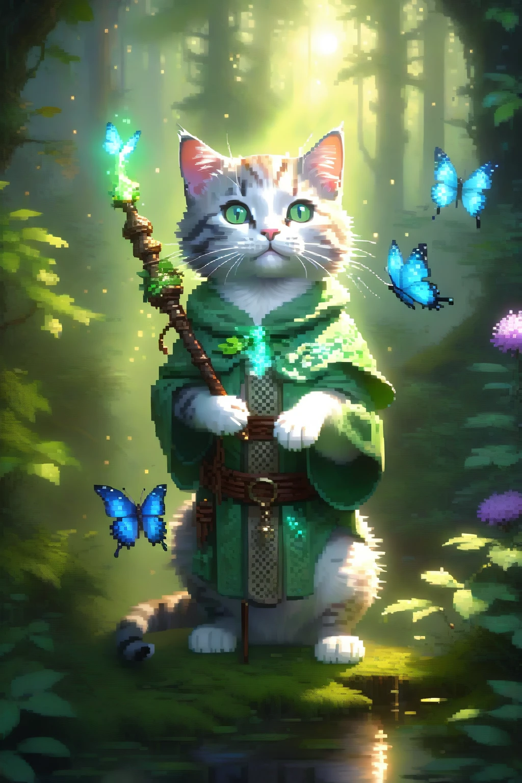 kitten,
fantasy worlds,
eloder cat mage wearing robes,Druid,
holding an vines staff,arms up,
green eyes,
Magic Circle,
flower,butterfly,
fluffy tail,
detailed surroundings,
Luminous Magic Array,
(hyper-detailed,high quality visuals,dim Lighting,ultra-realistic,sharply focused,octane render,8k UHD,masterpiece,high quality),
beautiful detailed glow,((clouds)),forest,sunlight,