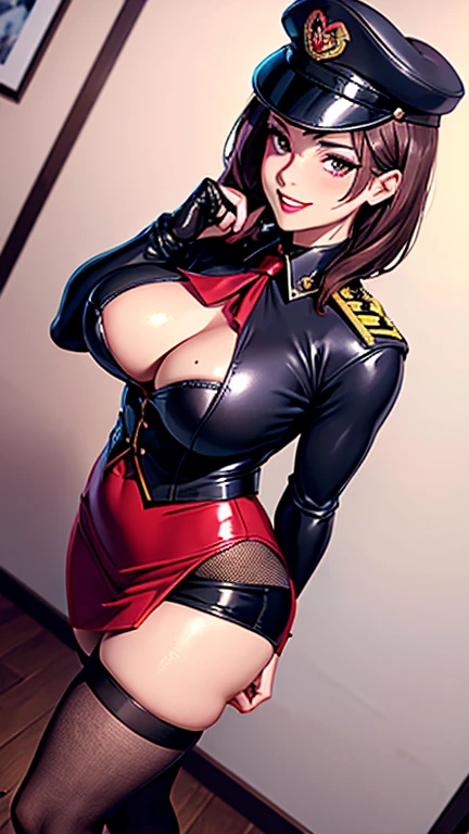 Mature Woman,(uniform,Tight Skirt, High heels,stockings,Uniform cap)((Female Officer、female soldier、female cadres、NCO)),、((A seductive smile)), (From above:1.1), blush, eyelash, Beautiful Eyes, belly button, Fishnet Focus),Mole on chest, Perfect body, Thick thighs, Wide Hips, Seductive Woman, Red lips, Shadow, There is cleavage in the chest,Villainess,latex