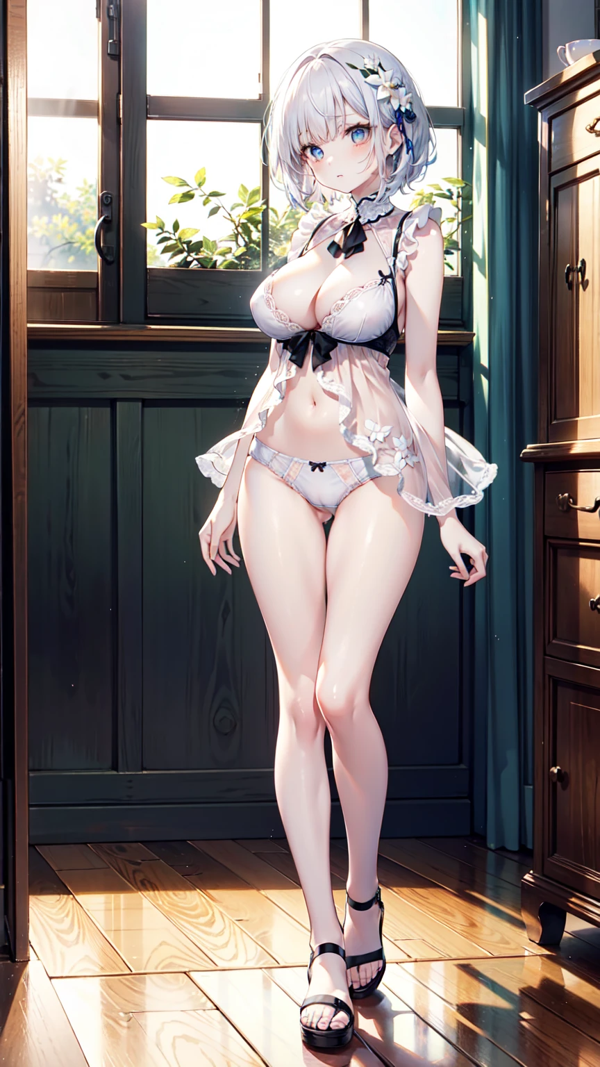 woman,Standing pose with full body,Exaggerated Action,White underwear,White tong,White short hair,Pale skin、Pale skin、 detailed脸,Fewer decorations,Multiple expressions,Very detailed,White transparent underwear,White transparent underwear,Perfect body,Big boobs、prettyeyes,Random Hairstyle,较Big ,Full view,Color All,Eye detail enhancement,Volume View,White sandals, Uniformity,Meiji、End of breast,Meiji、End of breast,End of breast,terminal、beautiful女人,Natural conditions,Perfect hands、Maximum resolution、quality、Maximum resolution、quality、(masterpiece)、The face is particularly detailed、The original person、完美而beautiful照明、Best colorful、beautiful、detailed、Ultra-high resolution、Lots of natural light and optimal color tones、In-depth characterization(quality、Extremely fine details:1.4)