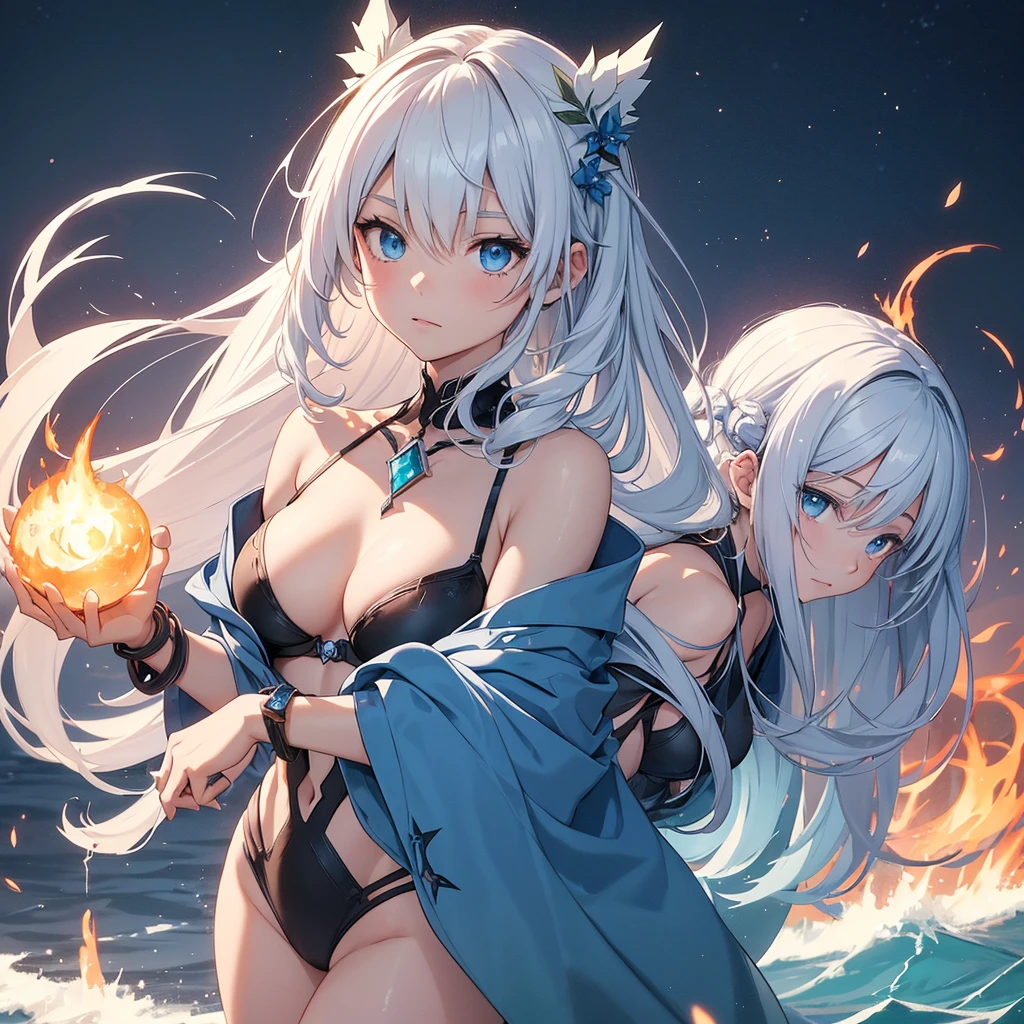 anime girl from the two elements of fire and water on her hands should be beat bracelets with the image of fire and water on her right hand should be beat snowflakes and thorns Isolde on the shoulder and on the left fire tongues on the shoulder eyes 1 from diamond and the second from emerald on the gru should beat a bra from stoichie hair length is softly white and smoothly transitions into stoichie, the transition between verses should be very smooth