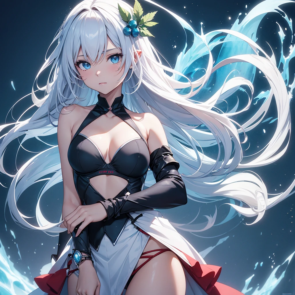 anime girl from the two elements of fire and water on her hands should be beat bracelets with the image of fire and water on her right hand should be beat snowflakes and thorns Isolde on the shoulder and on the left fire tongues on the shoulder eyes 1 from diamond and the second from emerald on the gru should beat a bra from stoichie hair length is softly white and smoothly transitions into stoichie, the transition between verses should be very smooth