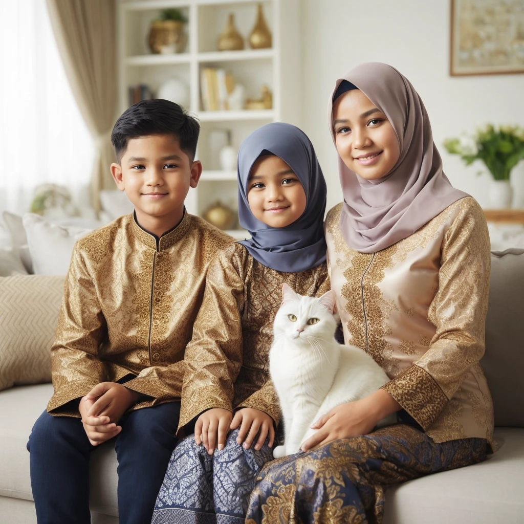 Family photo in Indonesia, three members, one 40-year-old chubby mother, one 12-year-old boy with short hair, and one 10-year-old girl wearing a hijab. They are all wearing coordinated navy and gold batik outfits. There is a white American shorthair cat wearing a hijab, posing seated on the luxurious living room sofa. The background is a luxurious living room. The photo is realistic, detailed, ultra HD, with white lighting, and is the best photography, in 8k resolution. 