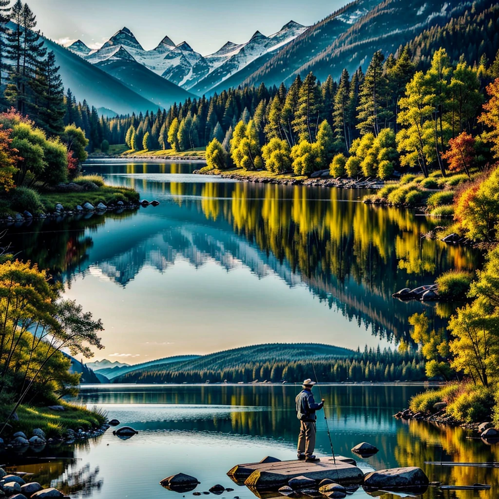 The painting captures a serene moment of a man standing by a tranquil stream, engrossed in the act of fishing. The setting is a picturesque landscape with a rocky shore, a charming log cabin surrounded by lush greenery and colorful flowers, and majestic snow-capped mountains in the background. The man is depicted wearing a hat and a backpack, holding a fishing rod, adding a touch of tranquility to the scene. The overall ambiance conveys a sense of peace and harmony, inviting viewers to immerse themselves in the beauty of nature and the simple pleasure of fishing.