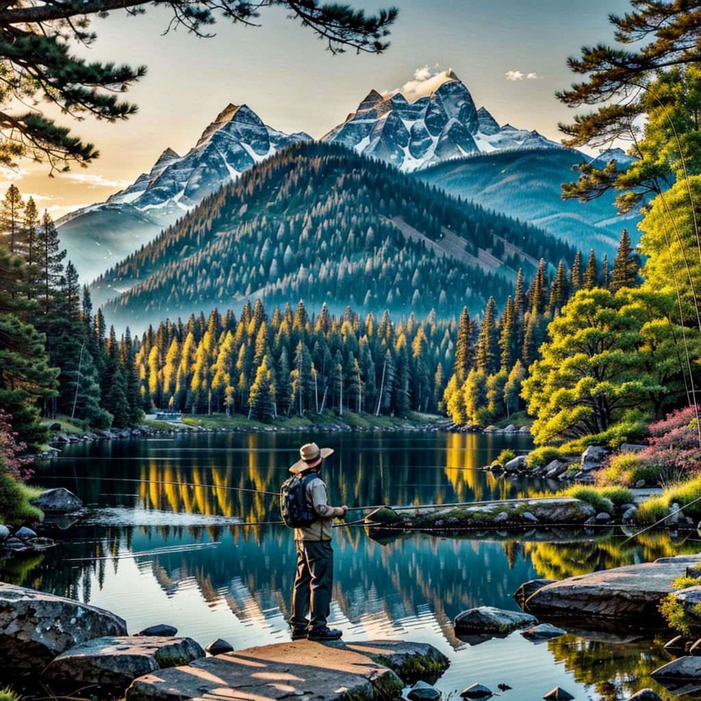 The painting captures a serene moment of a man standing by a tranquil stream, engrossed in the act of fishing. The setting is a picturesque landscape with a rocky shore, a charming log cabin surrounded by lush greenery and colorful flowers, and majestic snow-capped mountains in the background. The man is depicted wearing a hat and a backpack, holding a fishing rod, adding a touch of tranquility to the scene. The overall ambiance conveys a sense of peace and harmony, inviting viewers to immerse themselves in the beauty of nature and the simple pleasure of fishing.