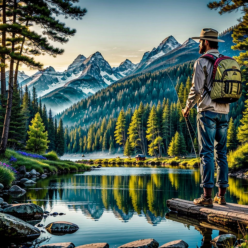 The painting captures a serene moment of a man standing by a tranquil stream, engrossed in the act of fishing. The setting is a picturesque landscape with a rocky shore, a charming log cabin surrounded by lush greenery and colorful flowers, and majestic snow-capped mountains in the background. The man is depicted wearing a hat and a backpack, holding a fishing rod, adding a touch of tranquility to the scene. The overall ambiance conveys a sense of peace and harmony, inviting viewers to immerse themselves in the beauty of nature and the simple pleasure of fishing.