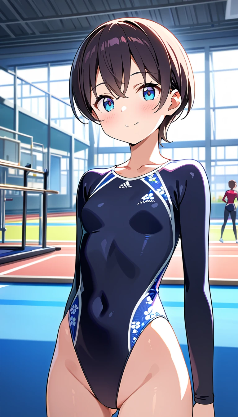 highquality illustration, masterpiece, very delicate and beautiful, attractive girl,(gymnastics leotard, Floral patterns leotard,long_sleeve leotard,high_leg leotard,athletic leotard,tight-fit leotard),thin,slender body,slim,high school,gymnasium background,gymnastics club,gymnastics athlete,princess, beautiful eyes,light smile,(masterpiece, best quality:1.2), highres, extremely detailed CG unity 8k wallpaper, perfect lighting, Colourful, ultra-high res,4K,ultra-detailed, photography, 8K, HDR,  ages, 