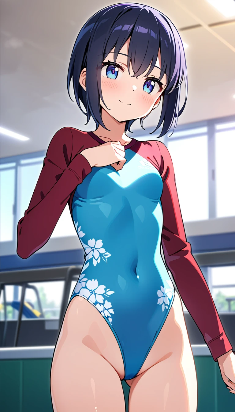 highquality illustration, masterpiece, very delicate and beautiful, attractive girl,(gymnastics leotard, Floral patterns leotard,long_sleeve leotard,high_leg leotard,athletic leotard,tight-fit leotard),thin,slender body,slim,high school,gymnasium background,gymnastics club,gymnastics athlete,princess, beautiful eyes,light smile,(masterpiece, best quality:1.2), highres, extremely detailed CG unity 8k wallpaper, perfect lighting, Colourful, ultra-high res,4K,ultra-detailed, photography, 8K, HDR, 17 ages, 