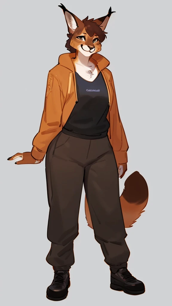 An anthro Maine Coon cat that stands at 7’2” and weighs 430lbs. It wears black elastic shorts and a black tank top. It’s fur is light grey. It is also extremely fluffy. It’s tail is giant and fluffy as well as it’s neck fur. It’s eyes are a golden color and it wears glasses. It has piercings in it’s left ear.
