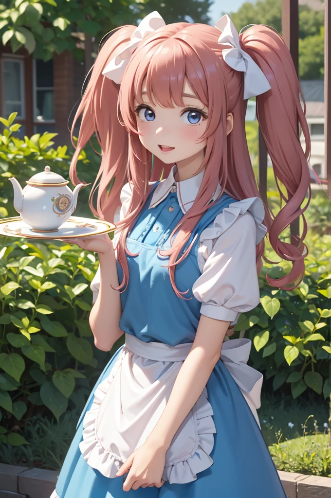 momoko suou (million live), 1 girl, Solo, 11 years old, Lori, , Cute Girl,Best Quality, Ultra-detailed, 8K, High resolution, Alice in Wonderland, Twin tail, sky blue dress, frilled dress, white apron, frilled apron, garden, tea time,