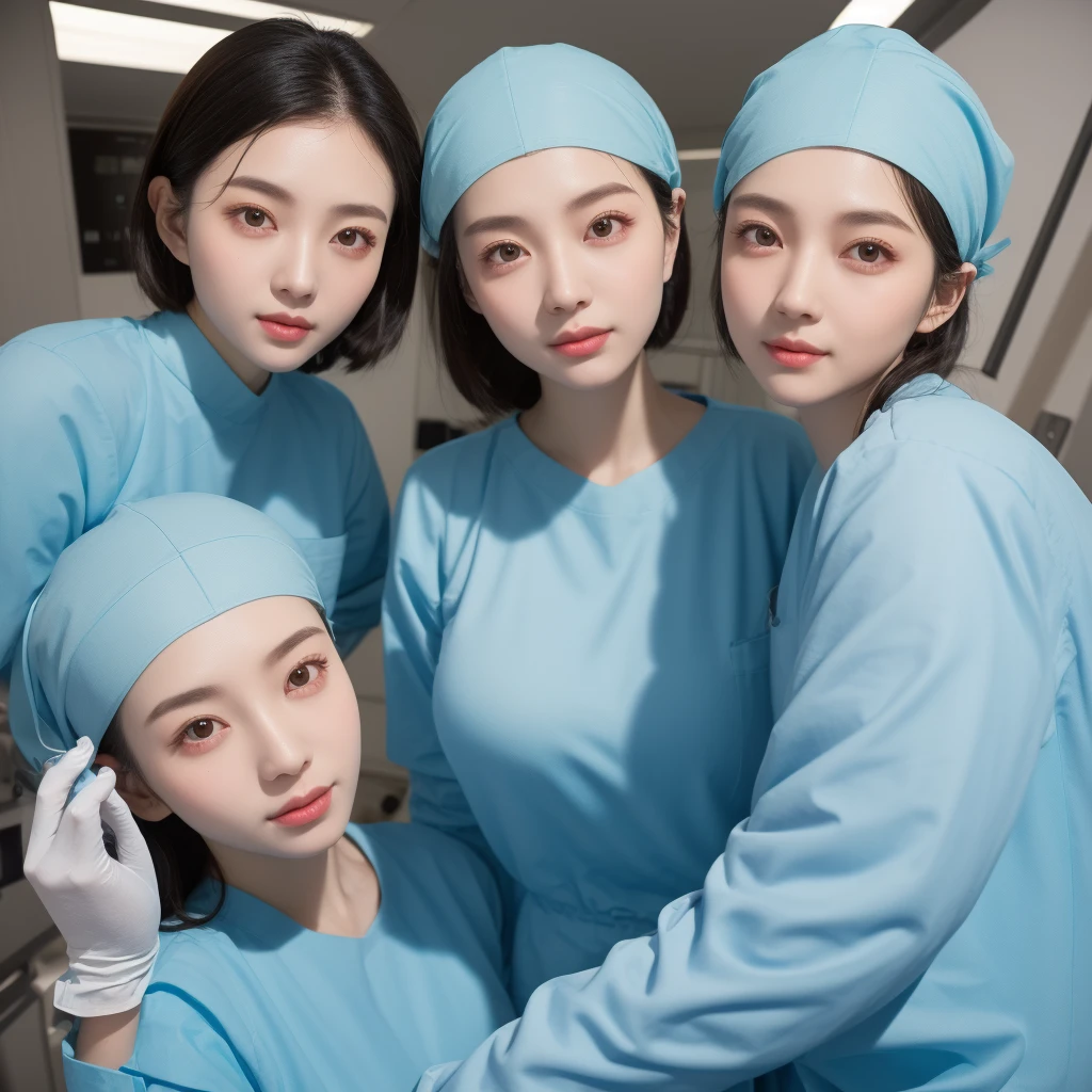 modern operating room, overhead surgical light, looking downward, multiple girls, surgery_pov, view from below, pov, beautiful slim Korean woman, wearing (long sleeve surgical outfit, surgical mask, surgical gloves, surgical cap), solid circle eyes, ccurate, sparkling eyes, high detail, photo-realistic:1.37, 8k, super detail, best quality, masterpiece, anatomically correct, super detail, textured skin, extremely detailed face and eyes, detailed facial features, ((perfect face))  