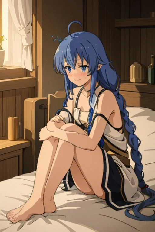 (masterpiece, best quality), music, 1 girl, solitary, Smile, blush, Double braid, long hair, Blue Hair, garlic,  blue eyes, indoors, Kneeling on the bed, Floral underwear, see through silhouette，Small Breasts,  Everlasting,  looking at the audience, 